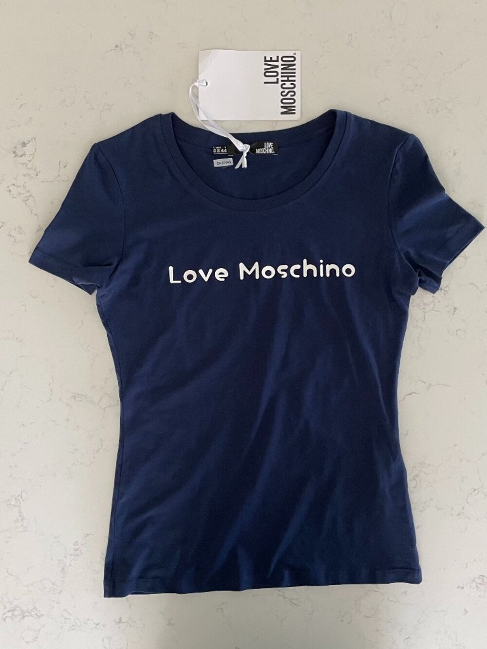 Love Moschino SS Scoop Neck Contemporary Cotton Blend T Shirt Blue + White US 8